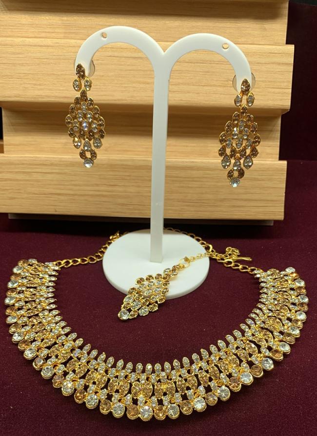 Yellow Gold Plated Elegant Stone Necklace Set For Women